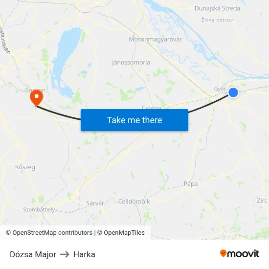 Dózsa Major to Harka map