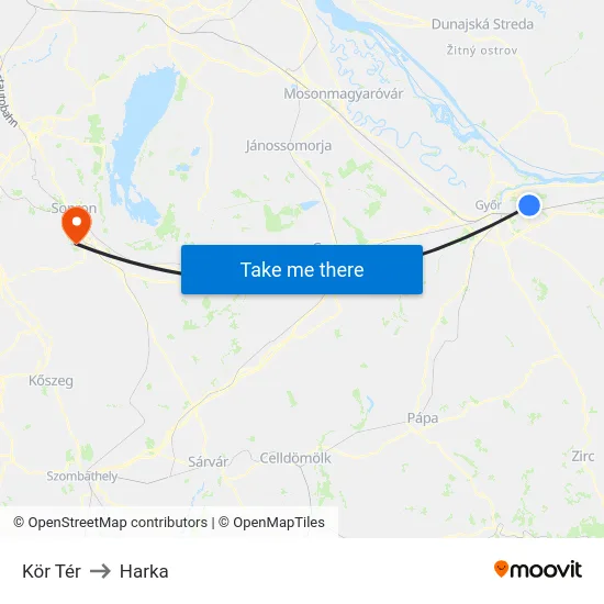 Kör Tér to Harka map