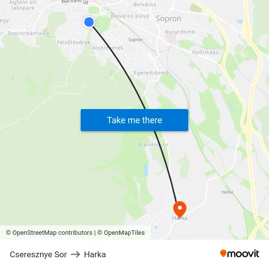 Cseresznye Sor to Harka map