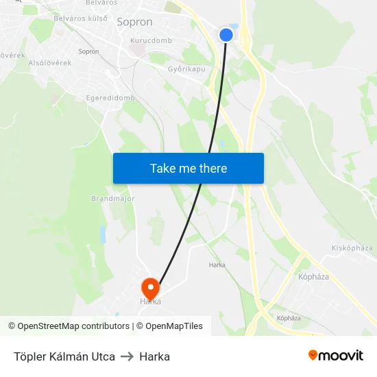 Töpler Kálmán Utca to Harka map