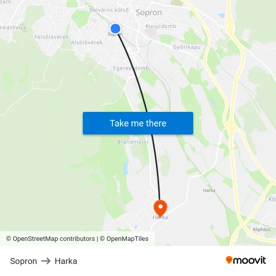 Sopron to Harka map