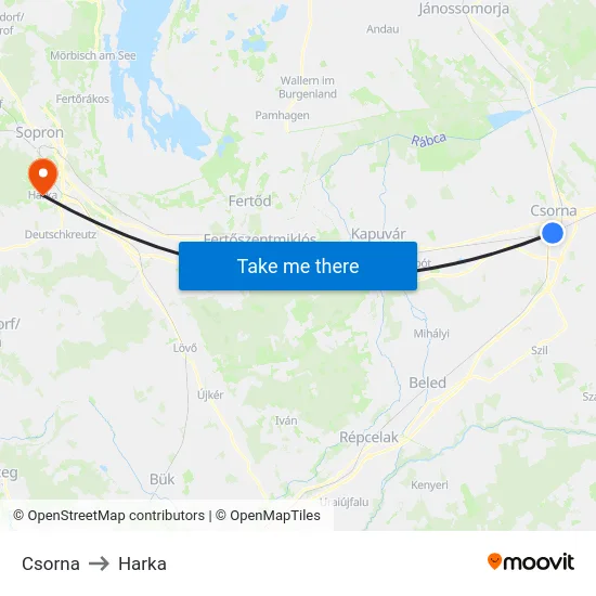 Csorna to Harka map