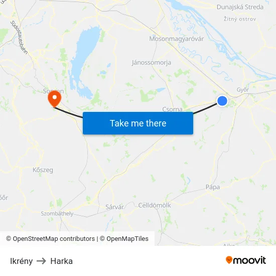 Ikrény to Harka map