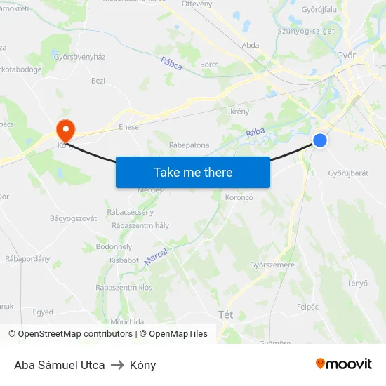 Aba Sámuel Utca to Kóny map