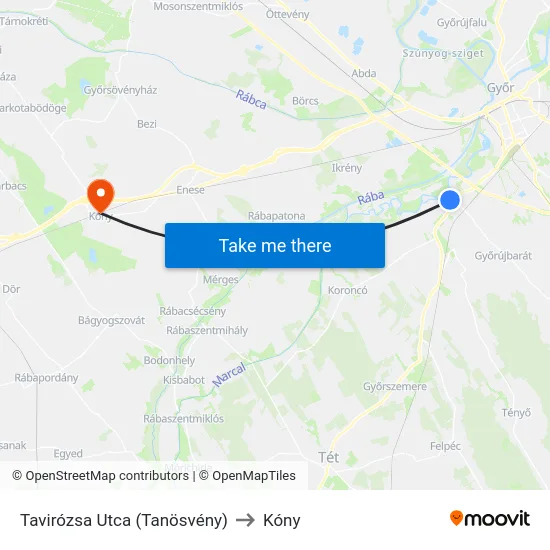 Tavirózsa Utca (Tanösvény) to Kóny map