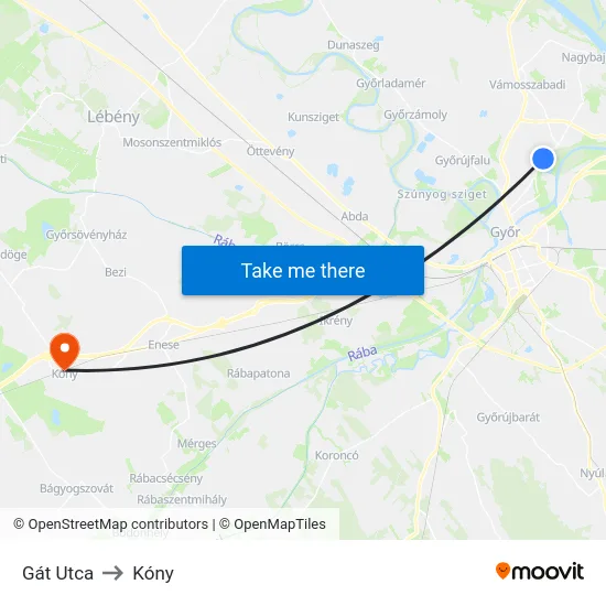 Gát Utca to Kóny map