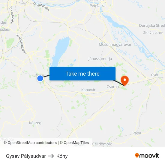 Gysev Pályaudvar to Kóny map