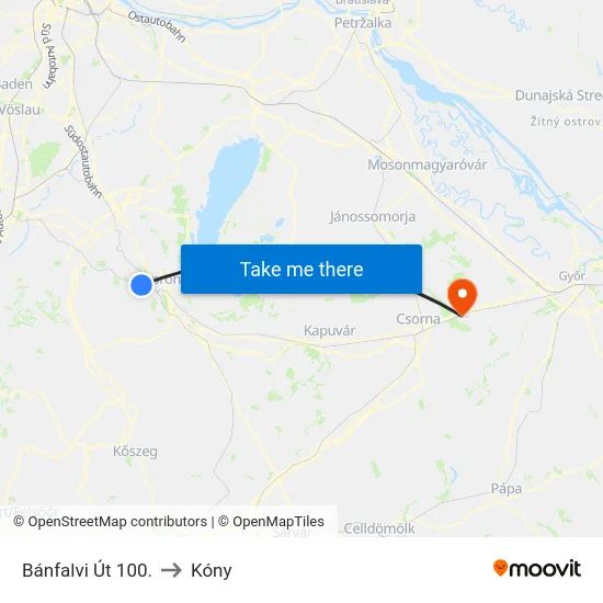 Bánfalvi Út 100. to Kóny map