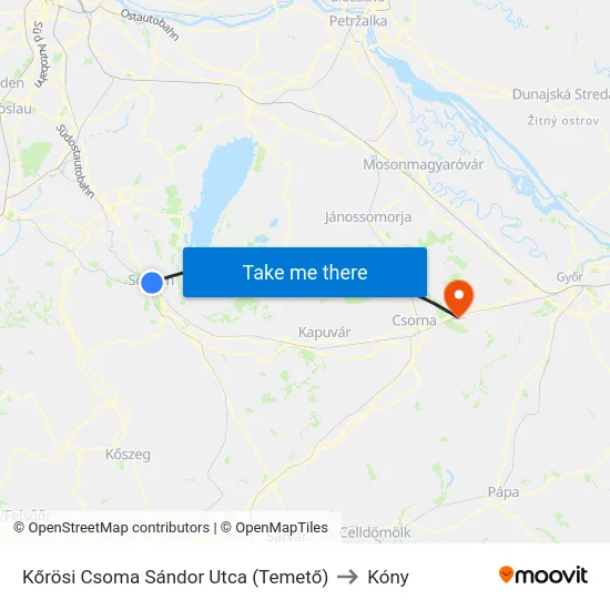 Kőrösi Csoma Sándor Utca (Temető) to Kóny map