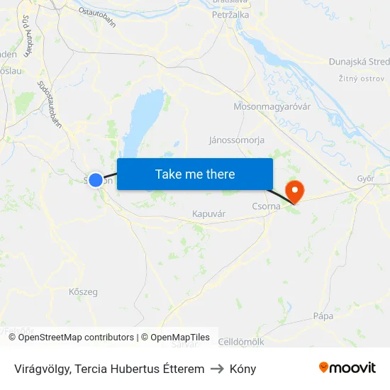 Virágvölgy, Tercia Hubertus Étterem to Kóny map