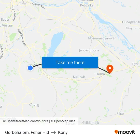 Görbehalom, Fehér Híd to Kóny map