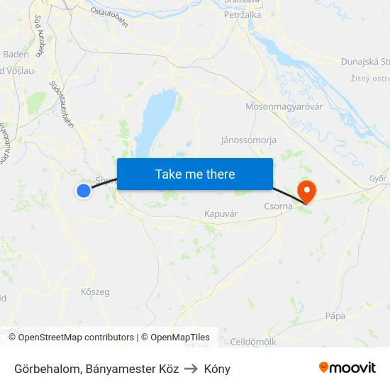 Görbehalom, Bányamester Köz to Kóny map