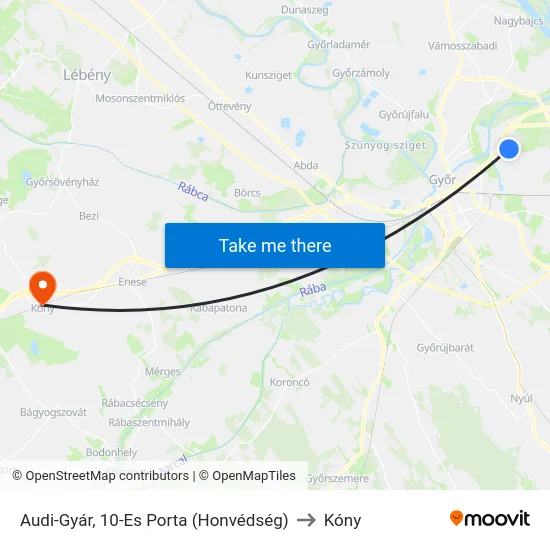 Audi-Gyár, 10-Es Porta (Honvédség) to Kóny map