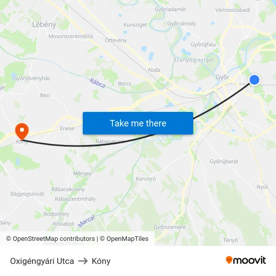 Oxigéngyári Utca to Kóny map