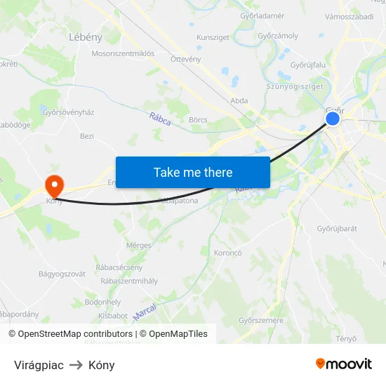 Virágpiac to Kóny map