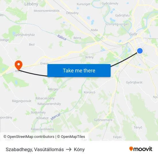 Szabadhegy, Vasútállomás to Kóny map
