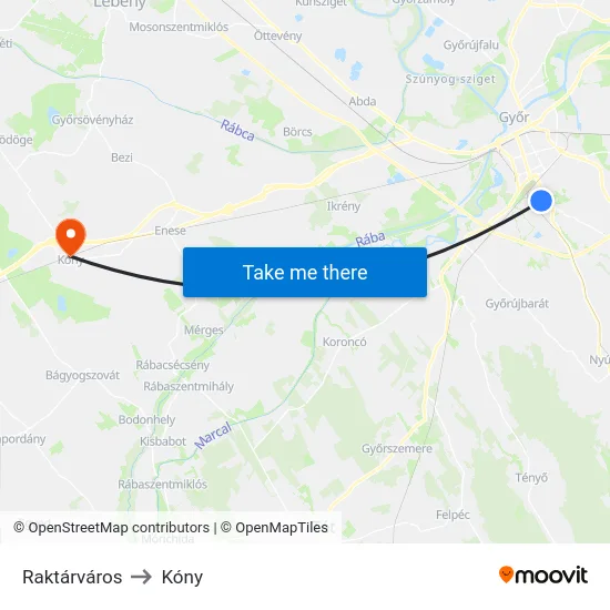 Raktárváros to Kóny map