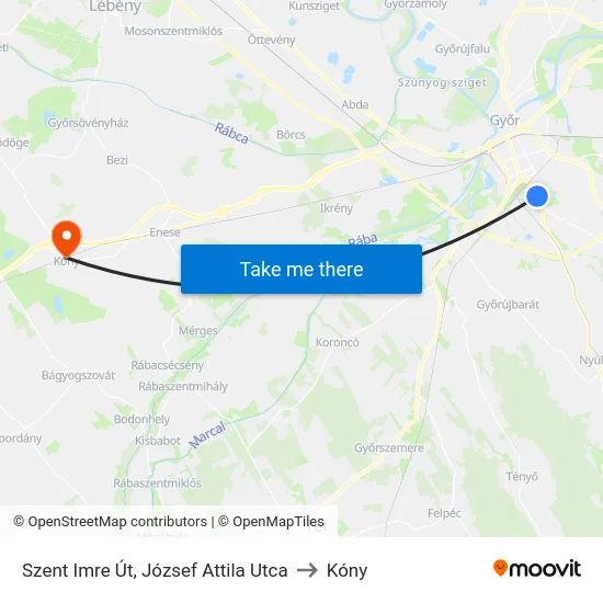 Szent Imre Út, József Attila Utca to Kóny map