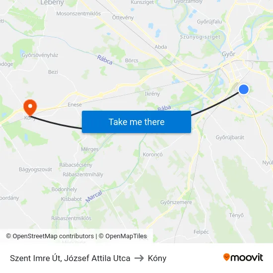 Szent Imre Út, József Attila Utca to Kóny map