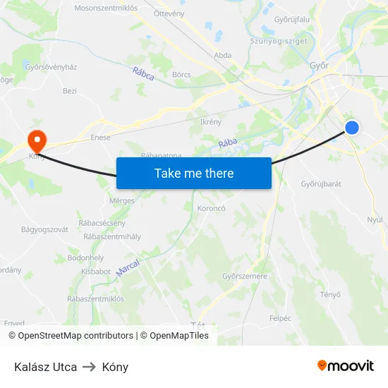 Kalász Utca to Kóny map