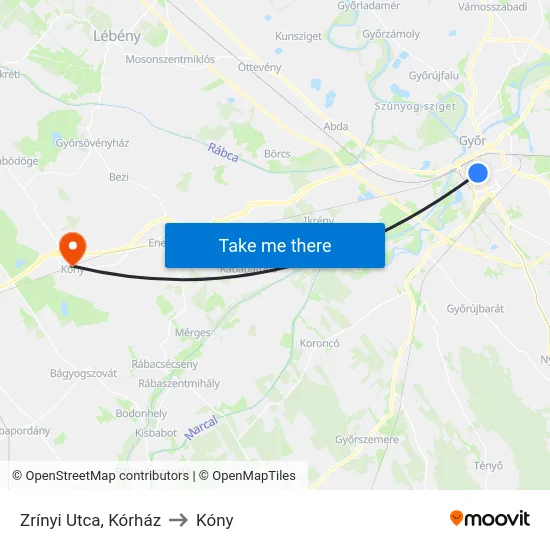 Zrínyi Utca, Kórház to Kóny map