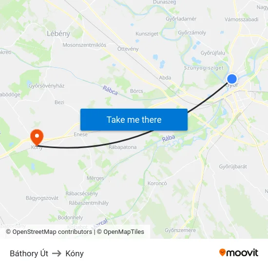 Báthory Út to Kóny map