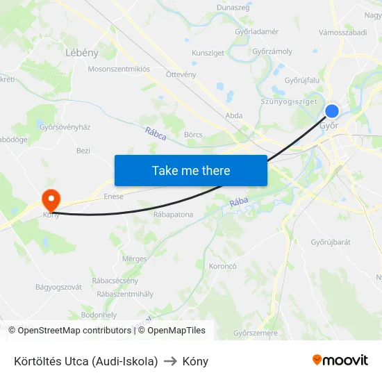 Körtöltés Utca (Audi-Iskola) to Kóny map