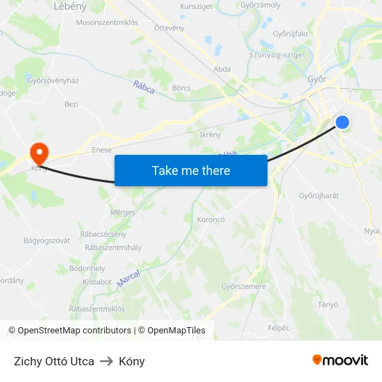 Zichy Ottó Utca to Kóny map