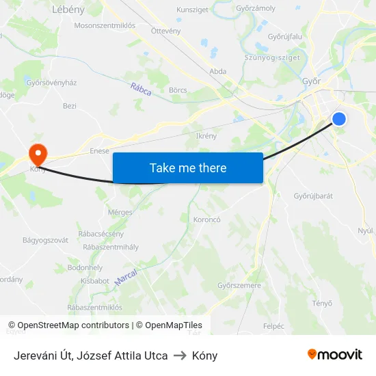 Jereváni Út, József Attila Utca to Kóny map