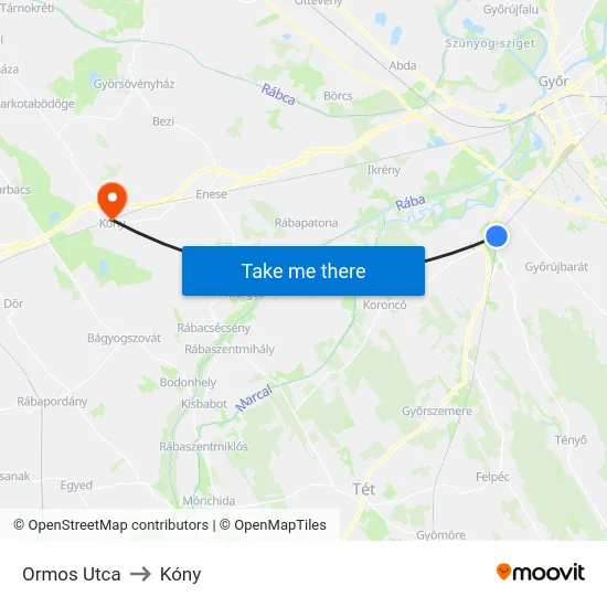 Ormos Utca to Kóny map