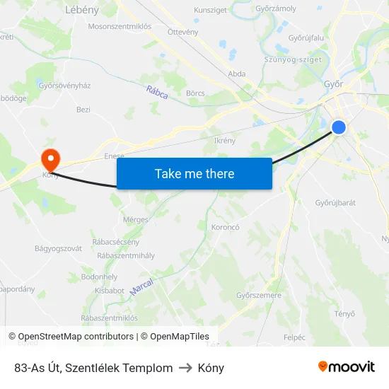 83-As Út, Szentlélek Templom to Kóny map