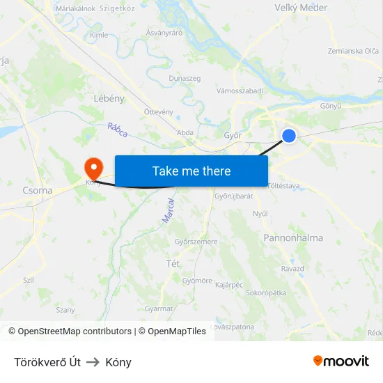 Törökverő Út to Kóny map