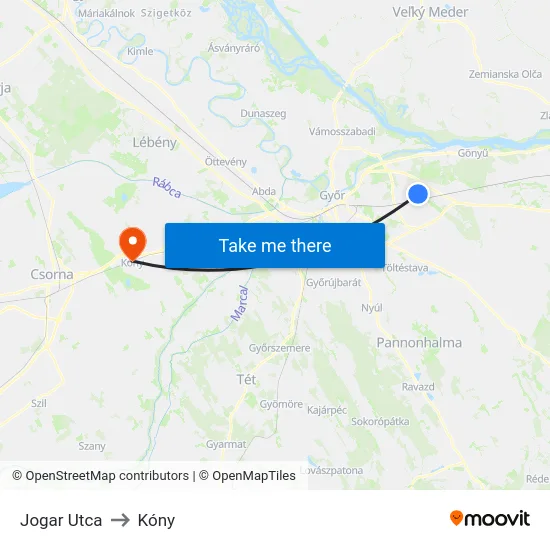 Jogar Utca to Kóny map