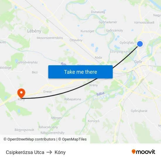 Csipkerózsa Utca to Kóny map