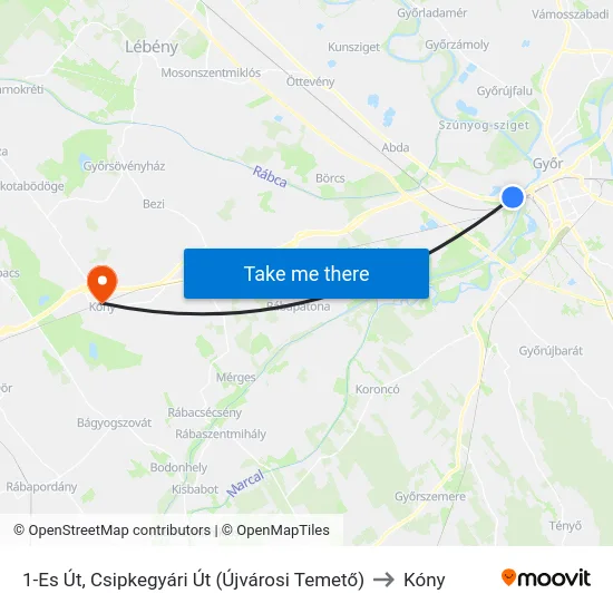 1-Es Út, Csipkegyári Út (Újvárosi Temető) to Kóny map