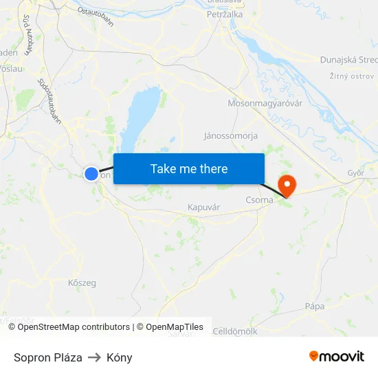 Sopron Pláza to Kóny map