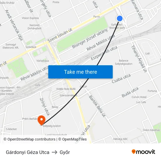 Gárdonyi Géza Utca to Győr map