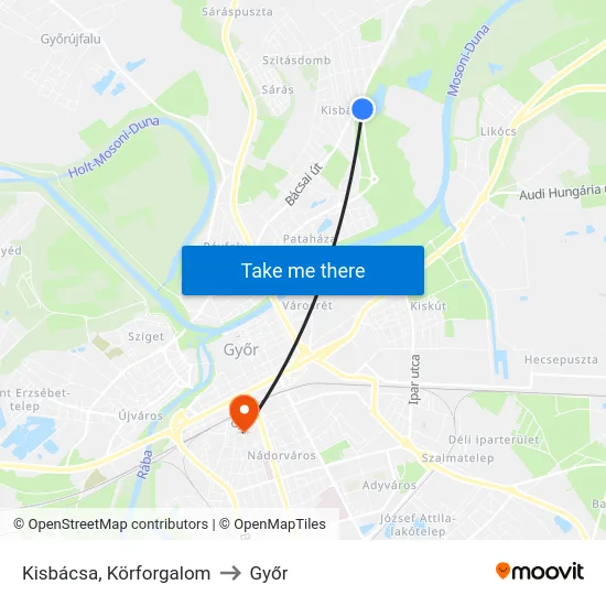 Kisbácsa, Körforgalom to Győr map