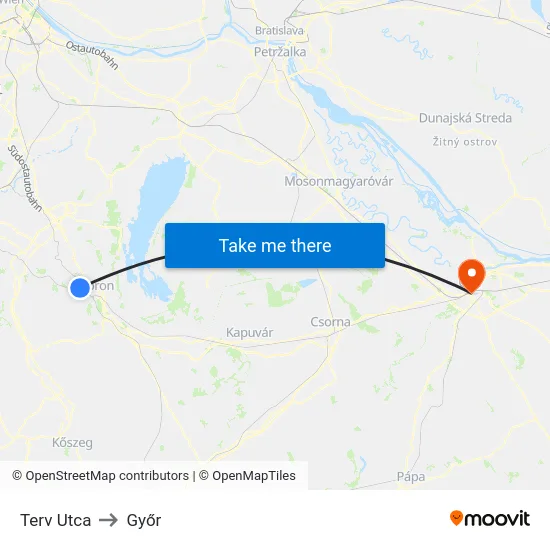 Terv Utca to Győr map