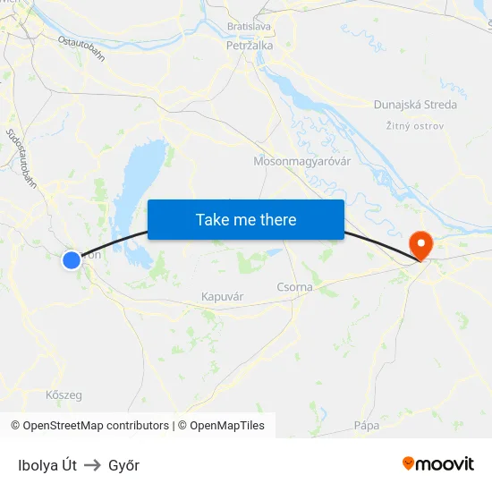 Ibolya Út to Győr map