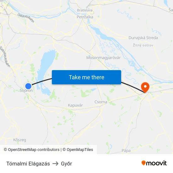 Tómalmi Elágazás to Győr map