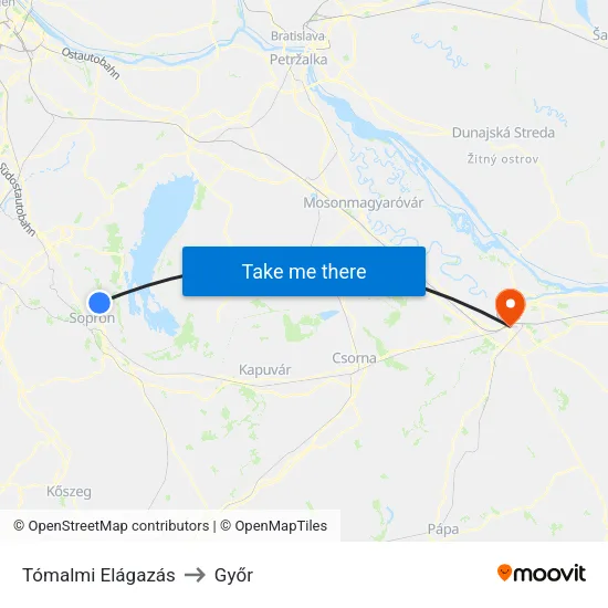 Tómalmi Elágazás to Győr map