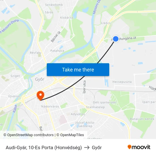 Audi-Gyár, 10-Es Porta (Honvédség) to Győr map