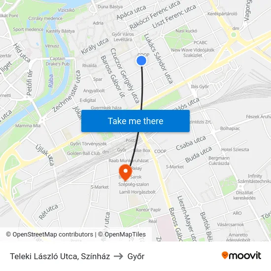 Teleki László Utca, Színház to Győr map