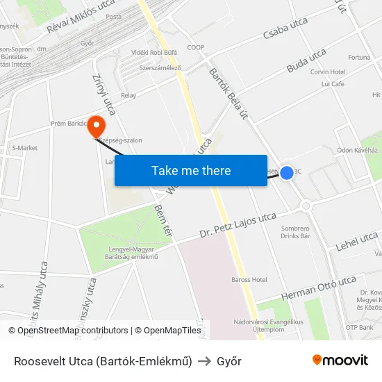 Roosevelt Utca (Bartók-Emlékmű) to Győr map