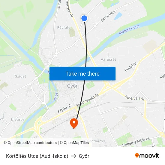 Körtöltés Utca (Audi-Iskola) to Győr map