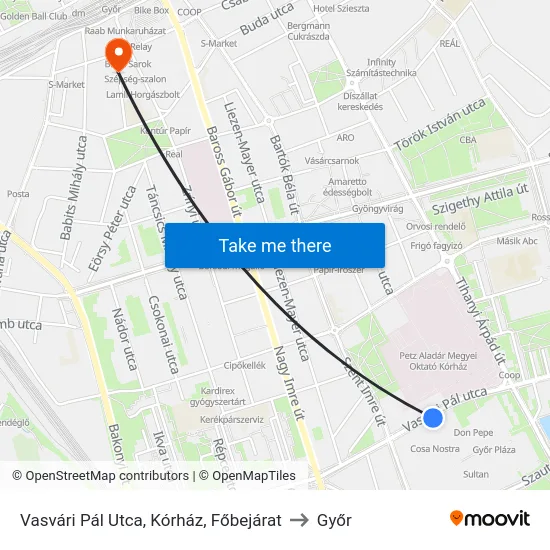 Vasvári Pál Utca, Kórház, Főbejárat to Győr map
