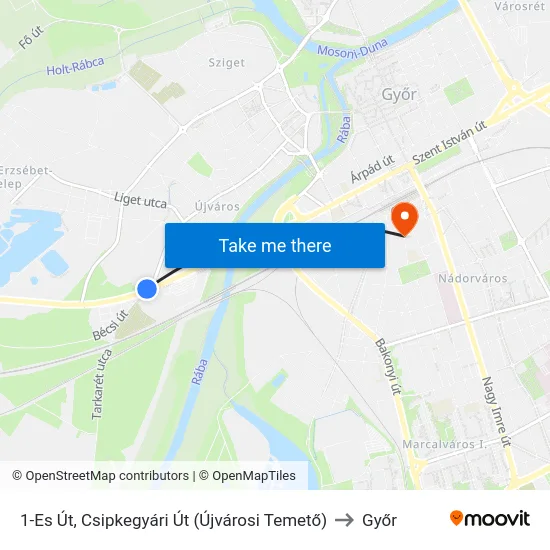 1-Es Út, Csipkegyári Út (Újvárosi Temető) to Győr map