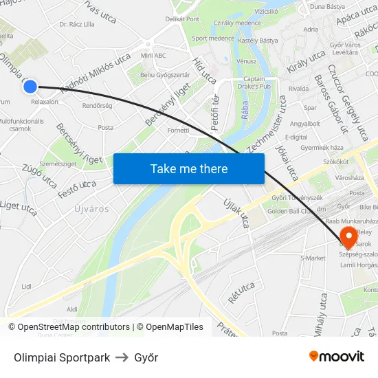 Olimpiai Sportpark to Győr map