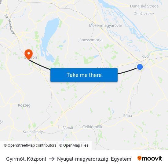 Gyirmót, Központ to Nyugat-magyarországi Egyetem map